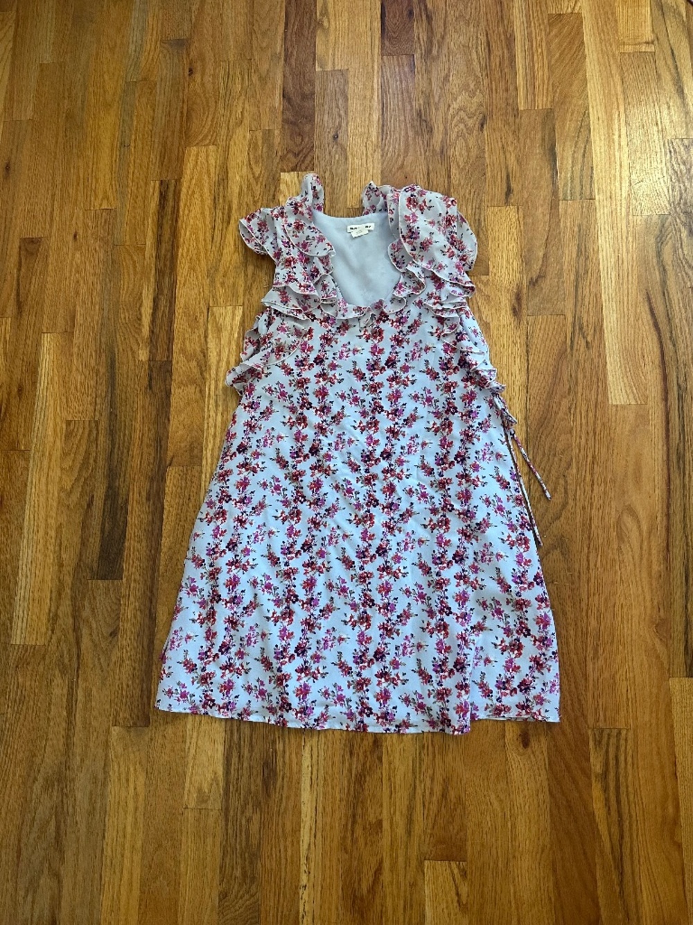 Club Monaco Size 00 100% Silk Floral Ruffle Dress Blue Pink Sleeveless Tie Waist